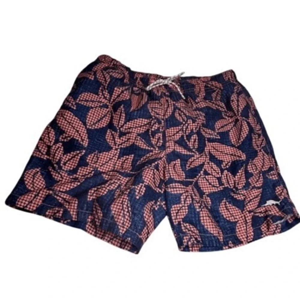 Tommy Bahama Relax Mens‎ Medium Swim Trunks Navy Coral Tropical Leaf Print 6in
